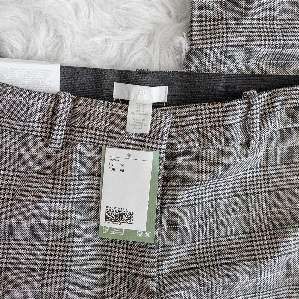 NWT H&M Women’s Size 14 Gray Beige Plaid Slacks Dress Pants Trousers Career - Picture 2 of 11
